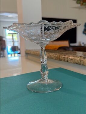 Clear Glass Etched Compote Pedestal Bowl - Clear